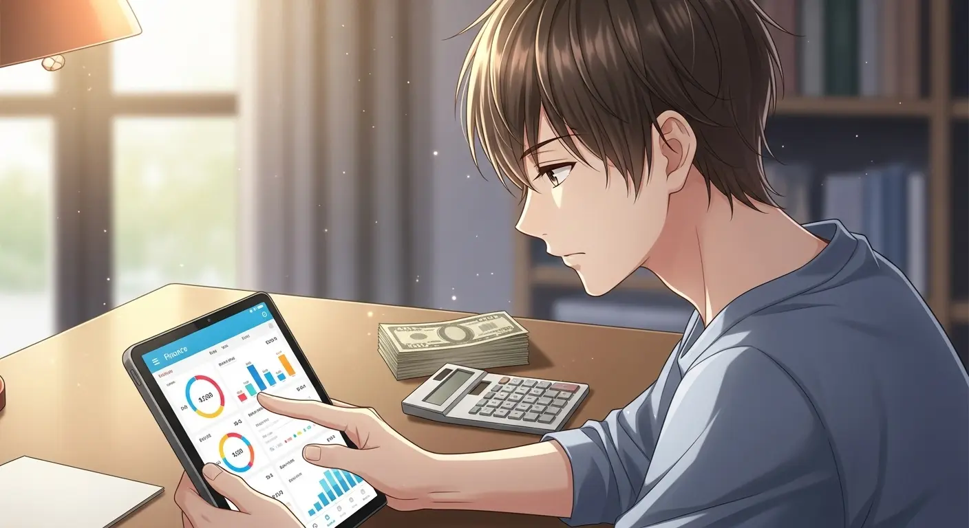 実家暮らしの生活費を計算する男性