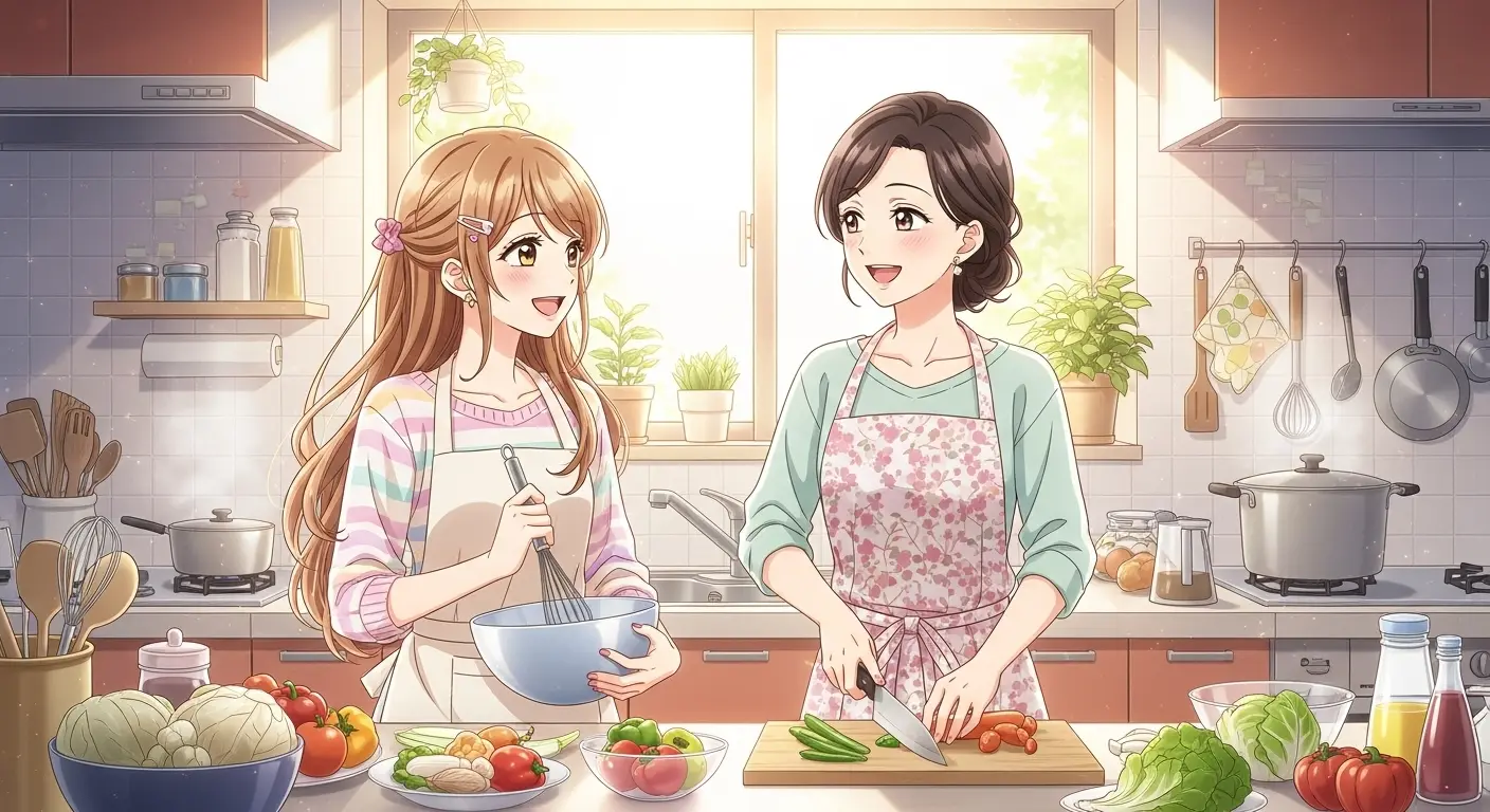親子で料理をする女性と母親