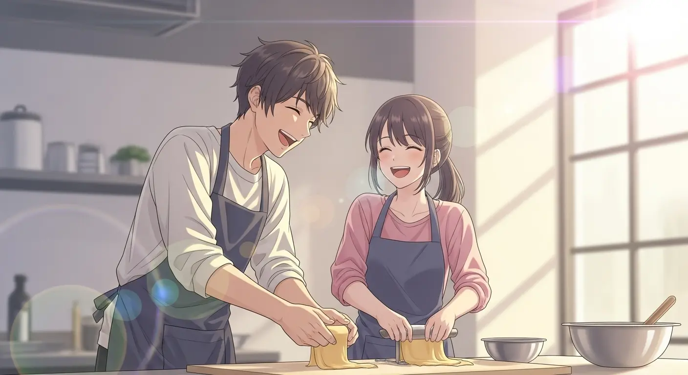 料理教室で一緒にパスタ作りを楽しむ男女