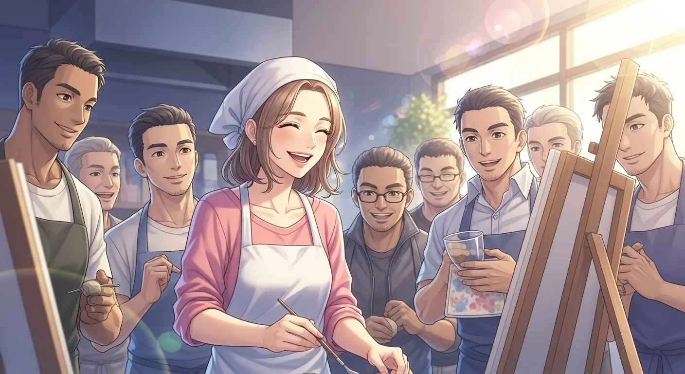 笑顔で趣味を楽しむ若い女性。周りには男性もいて、和やかな雰囲気