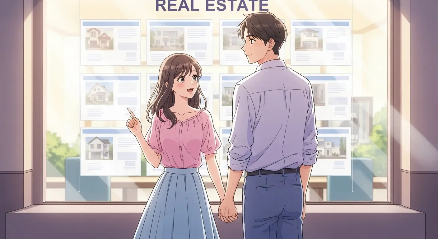 不動産屋の前で将来の住まいを想像するカップル
