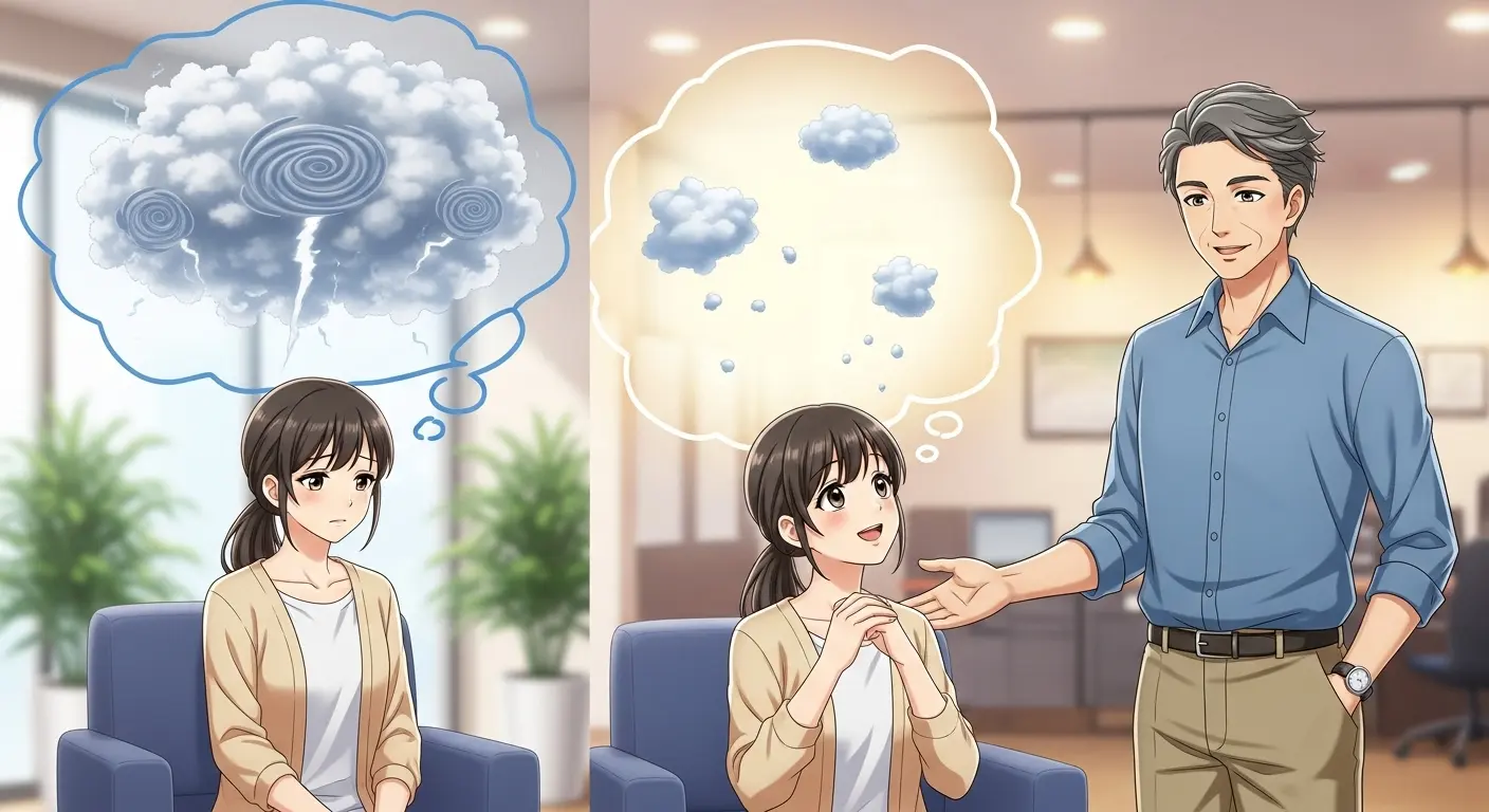 恋愛相談で心のもやもやが解消されるイラスト