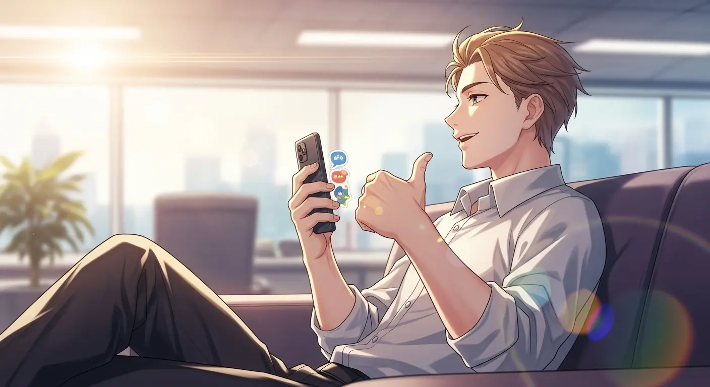 同僚とのLINEにスタンプを送る男性