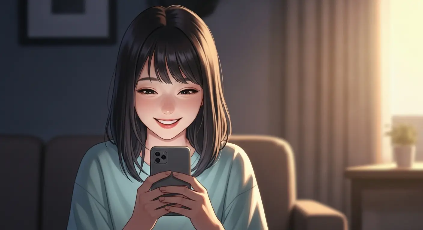 嬉しいLINEメッセージを見て微笑む女性