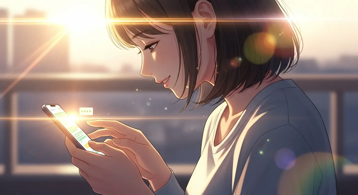 悩みから解放され、LINEを楽しむ女性