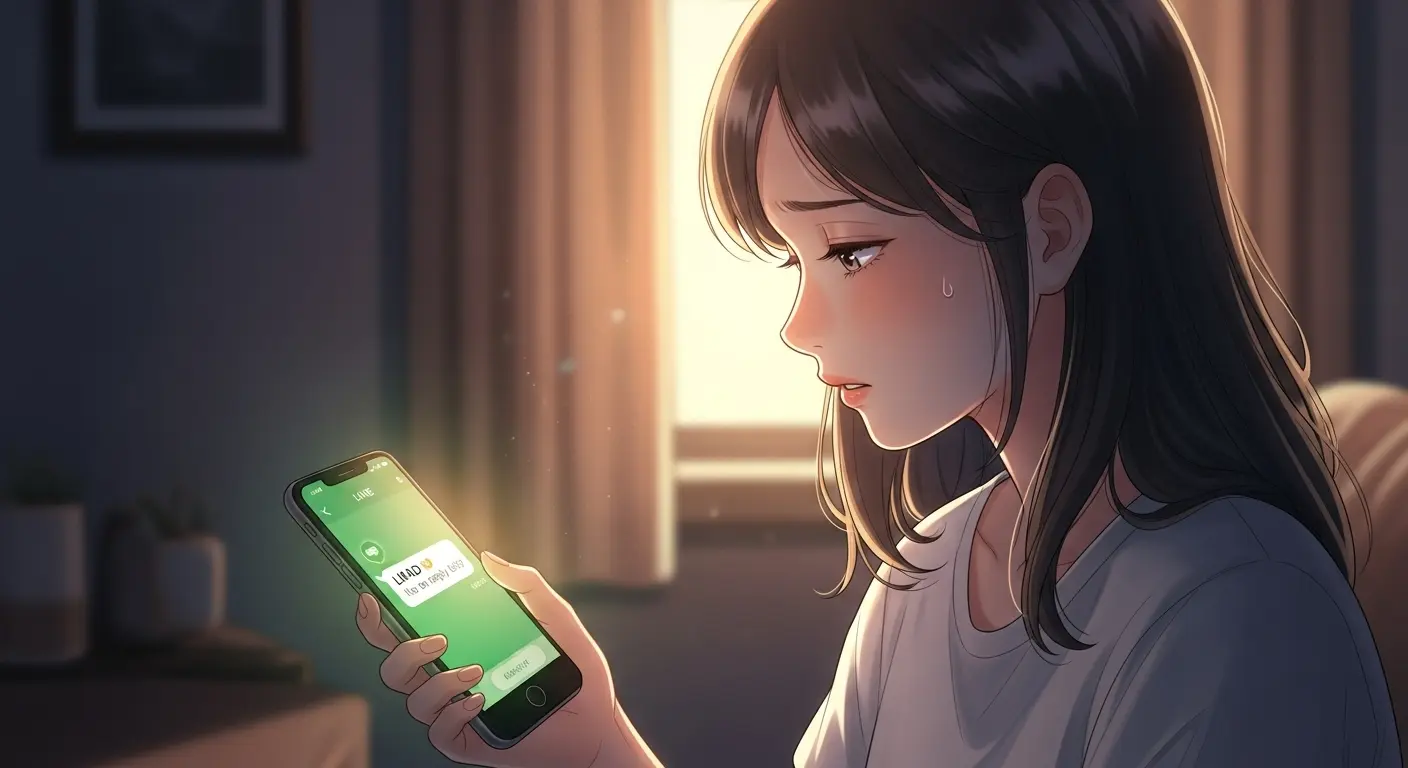 既読スルーされたLINEメッセージを見つめる女性