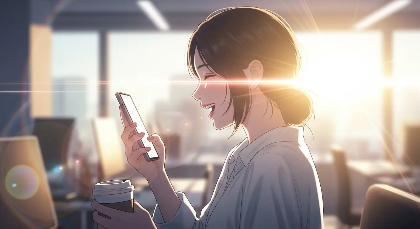 休憩中にLINEで笑う女性