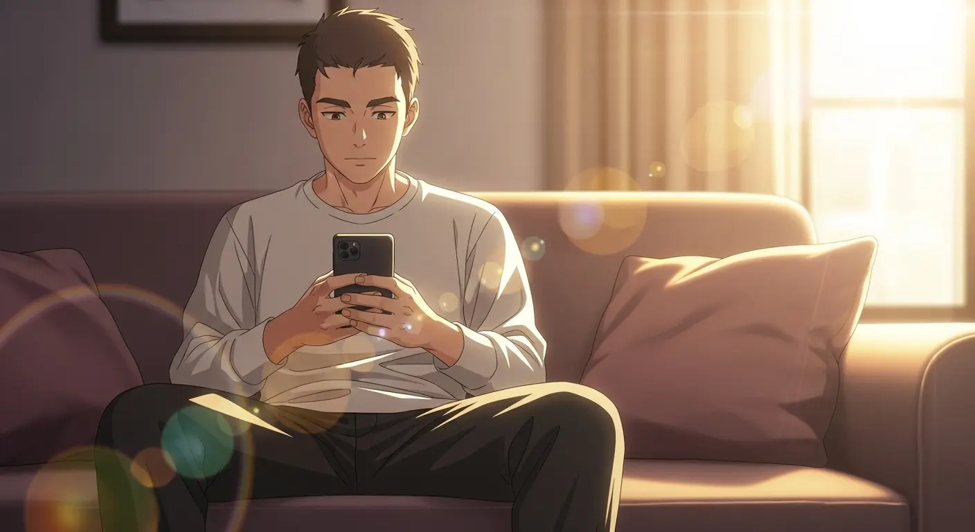 彼女からのLINEを見て微笑む男性