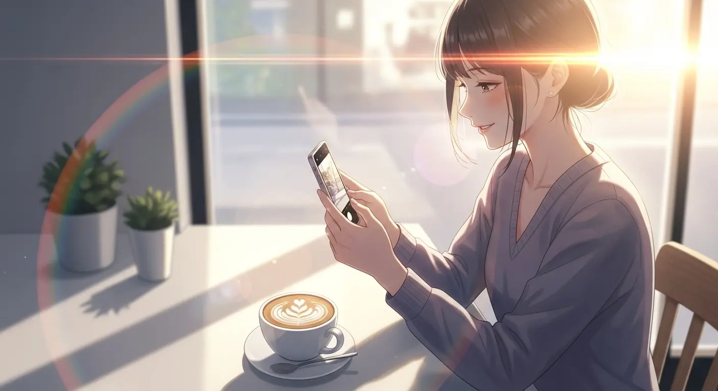 カフェで写真を撮る女性