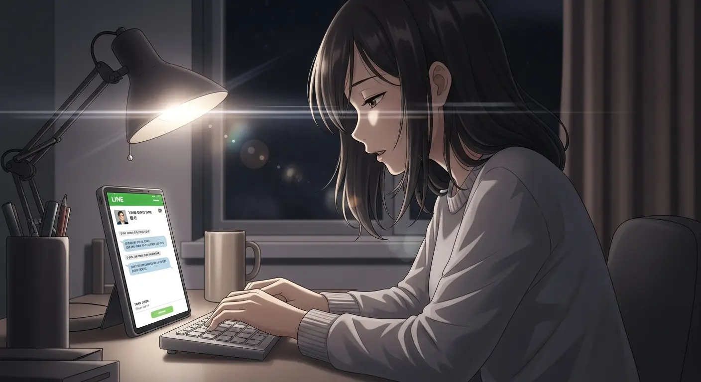夜遅くにLINEを返信する女性