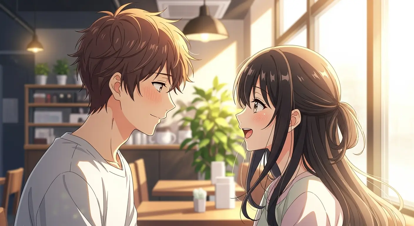 笑顔で会話する男女