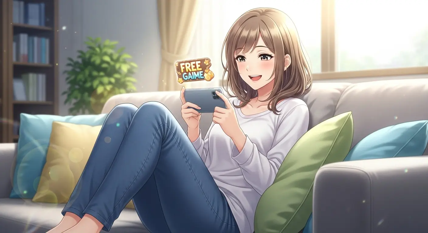 スマートフォンで無料ゲームを楽しむ女性