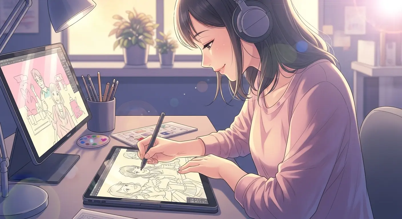 タブレットでイラストを描く女性