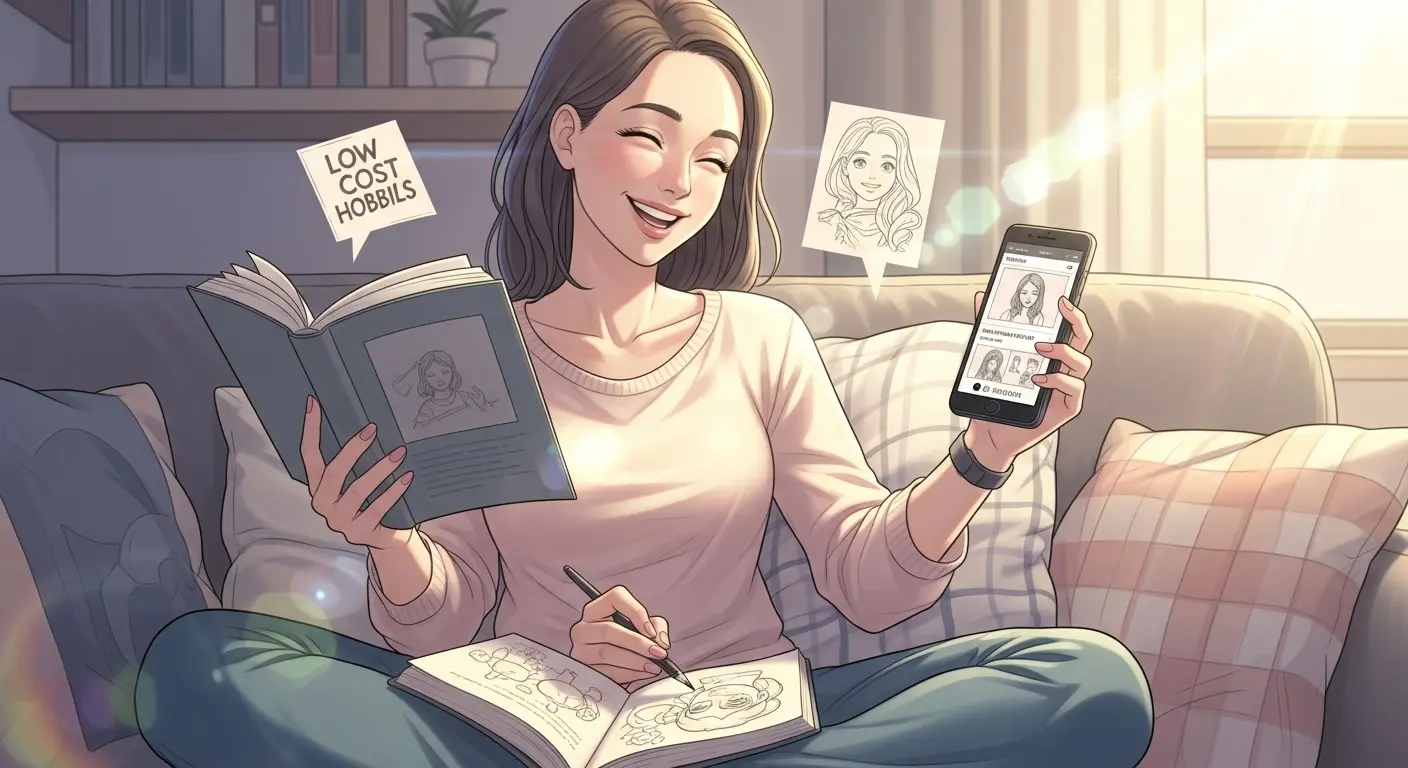 お金をかけずに趣味を楽しむ女性。自宅で読書やイラストなどをしている
