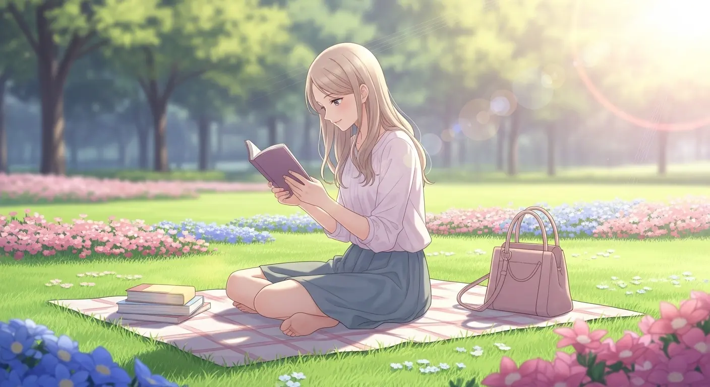 公園で本を読んでくつろぐ女性