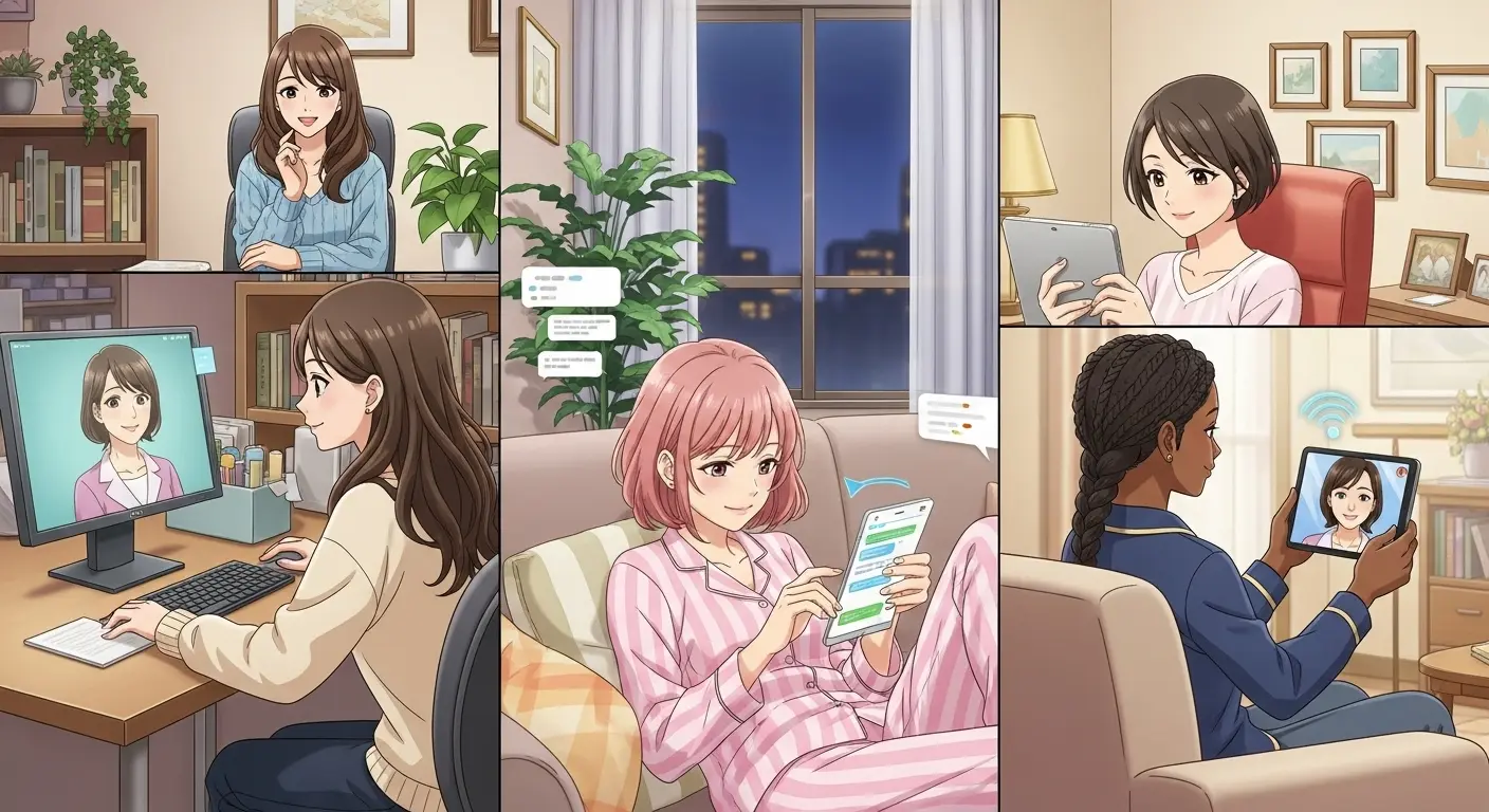 オンラインで様々な相談方法を使って恋愛相談をしている女性たちのイラスト