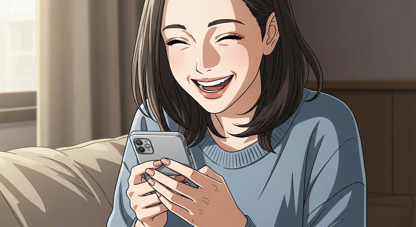 リアクションが多い男性とのLINE画面を見る女性