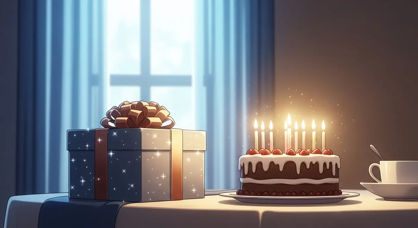誕生日プレゼントのラッピングされた箱とケーキ