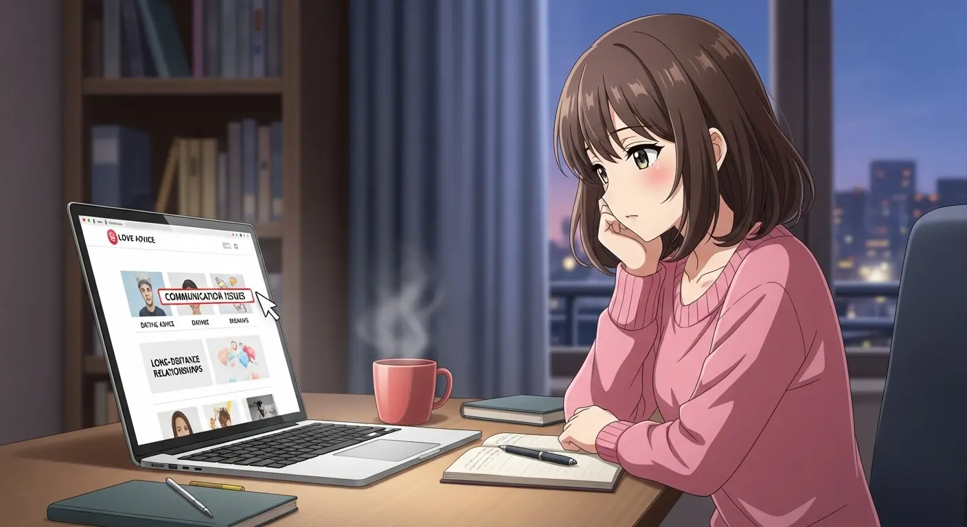 恋愛相談サイトのカテゴリを選んでいる女性のイラスト