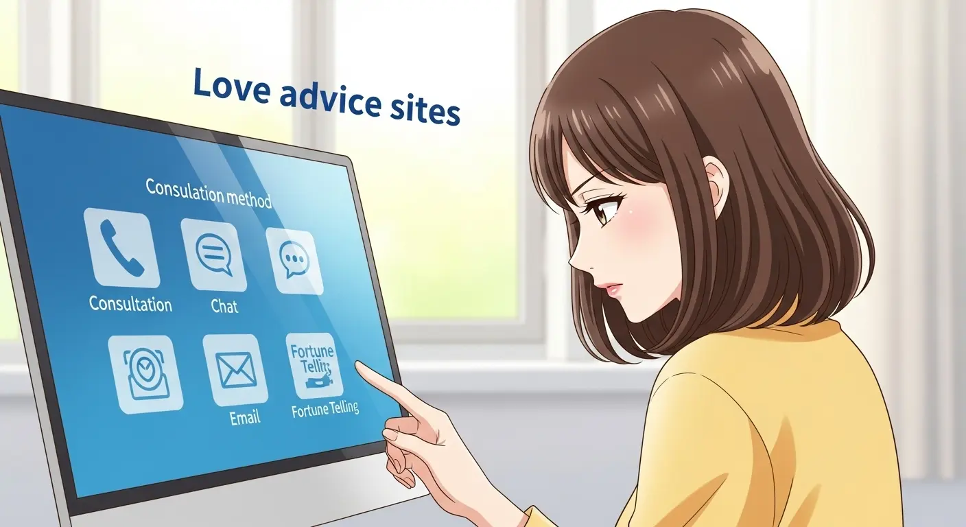 恋愛相談サイトの相談方法を比較している女性のイラスト