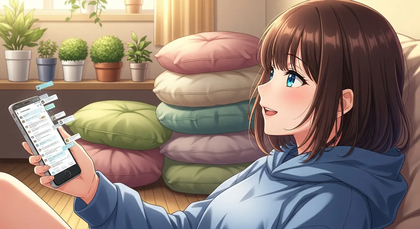 掲示板で悩みが解決し、嬉しそうな女性のイラスト