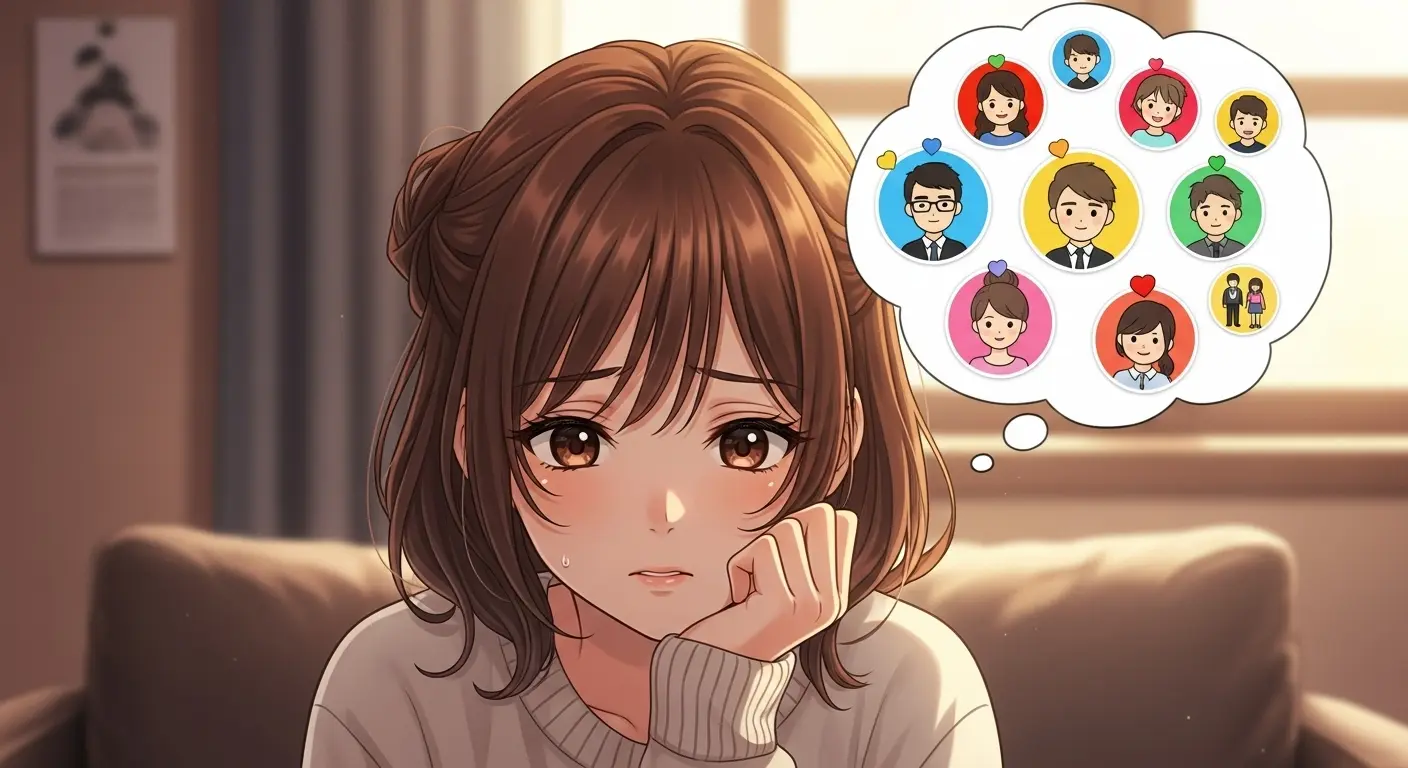 恋愛の悩みを抱え、掲示板の利用を考えている女性のイラスト