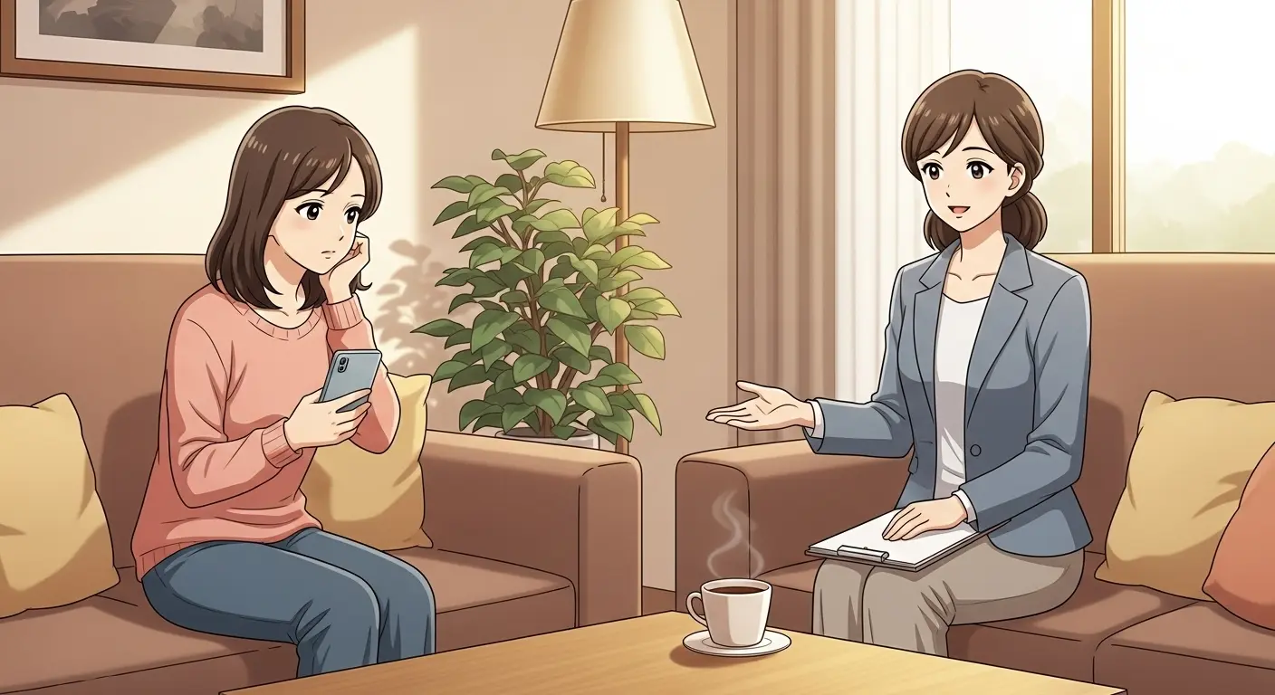 恋愛の悩みを抱える女性が、安心感のある相談員に話しているイラスト