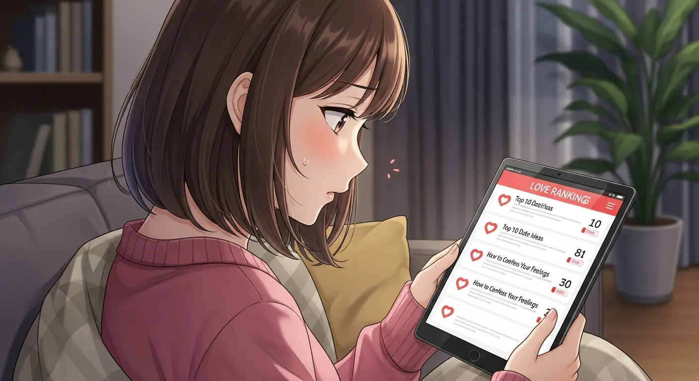 恋愛相談サイトのランキングを確認している女性のイラスト