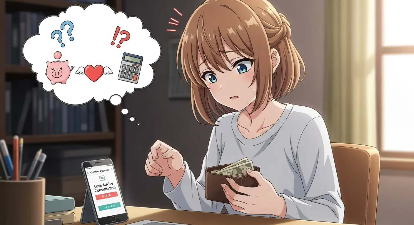 恋愛相談サイトの料金体系を比較している女性のイラスト