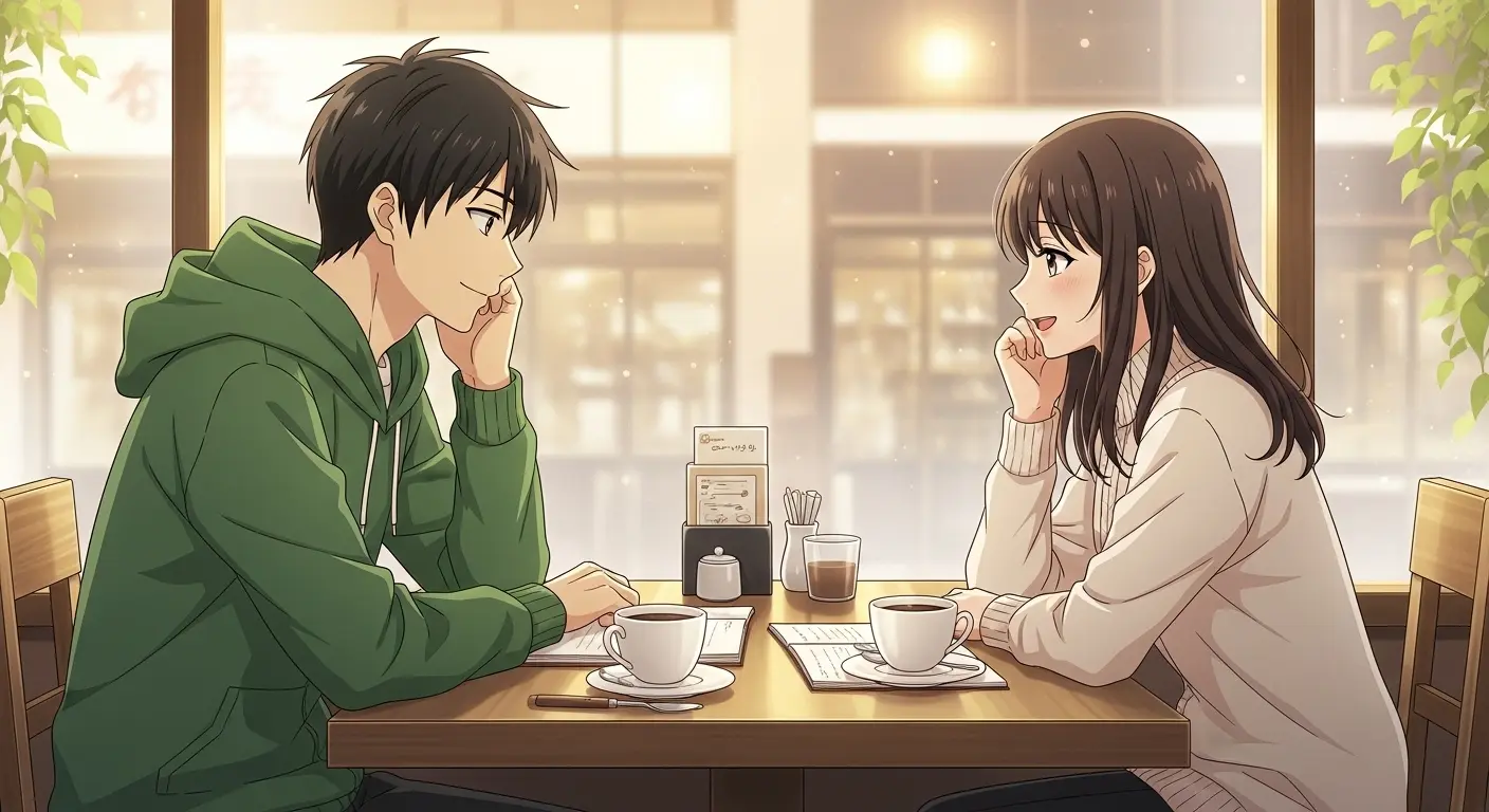 ロールキャベツ男子と女性がカフェで向き合い、心を通わせる穏やかなシーンのイラスト