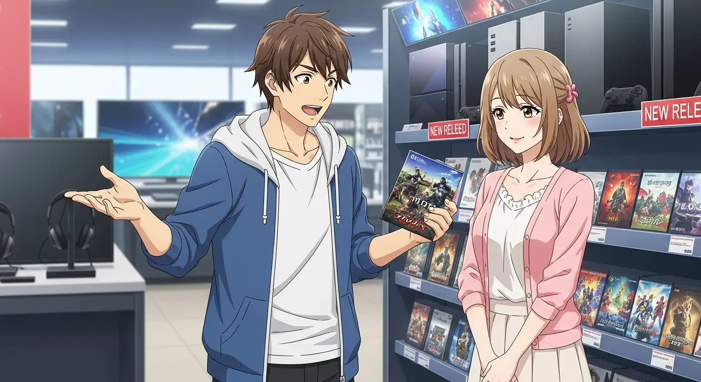 趣味のゲームについて熱心に話す男性と、それに興味を持って聞く女性のイラスト