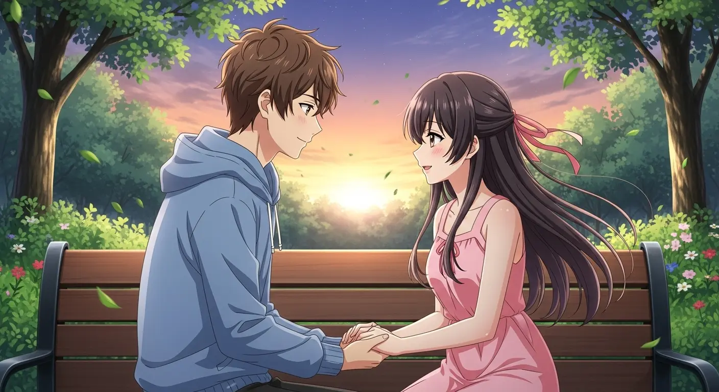 公園のベンチで良い雰囲気になっている男女のイラスト