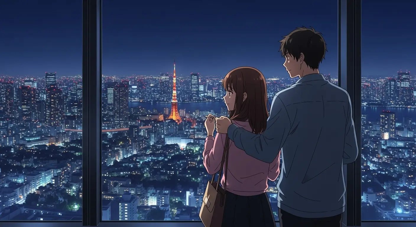 六本木ヒルズの展望台から夜景を眺めるカップル