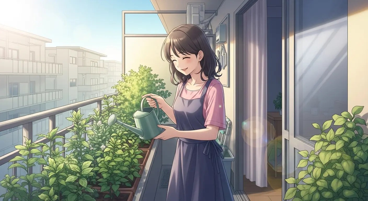 ベランダでガーデニングを楽しむ女性