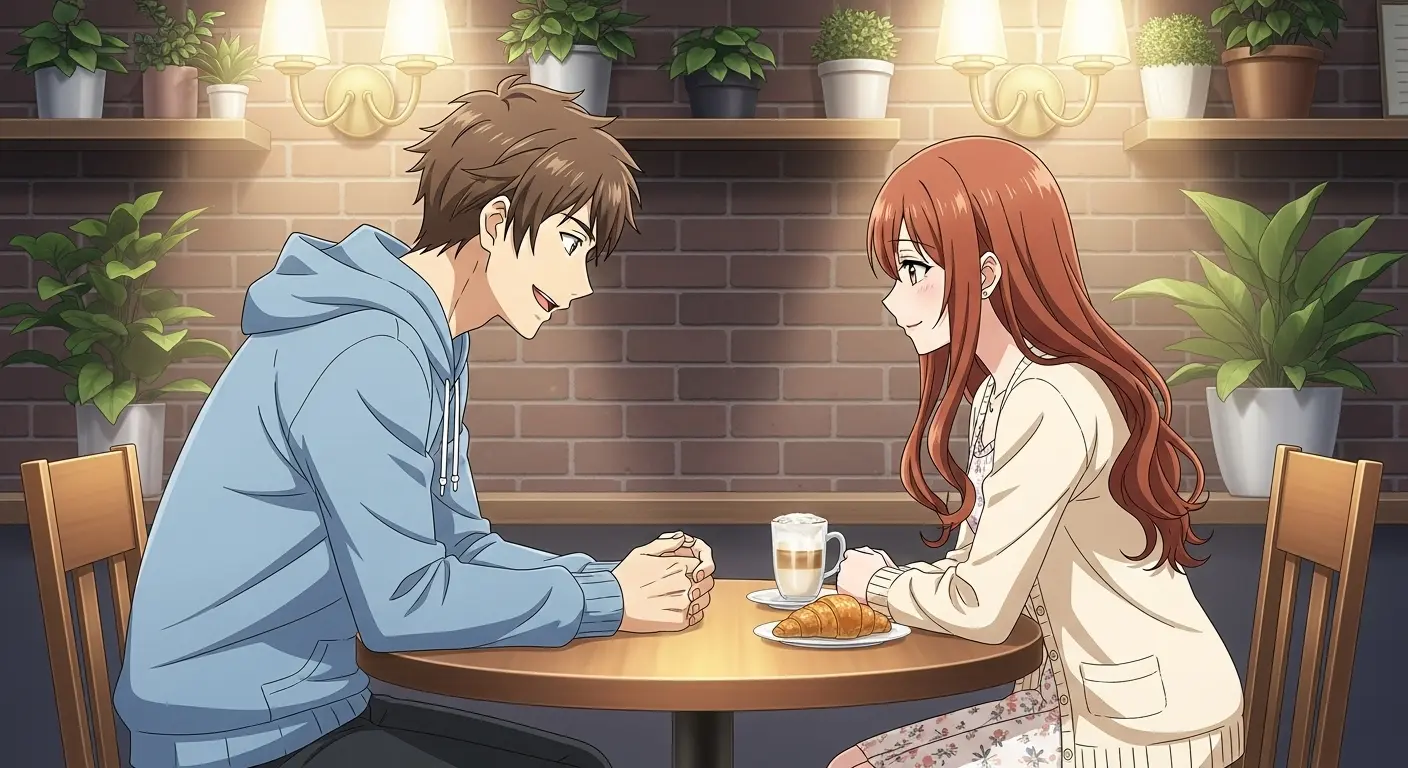 落ち着いたカフェで二人きりで会話を楽しむ男女のイラスト
