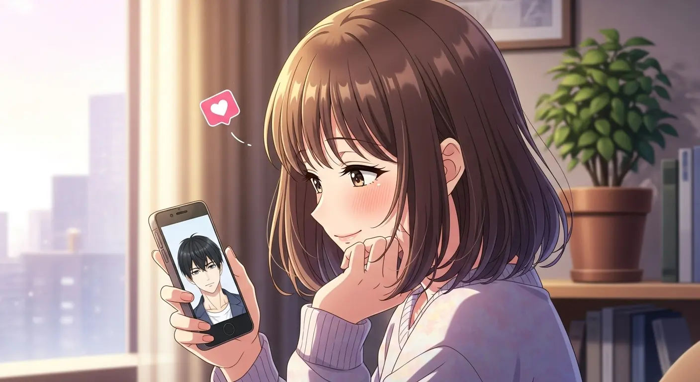 好きな男性のことを考えながらスマホを見ている女性のイラスト