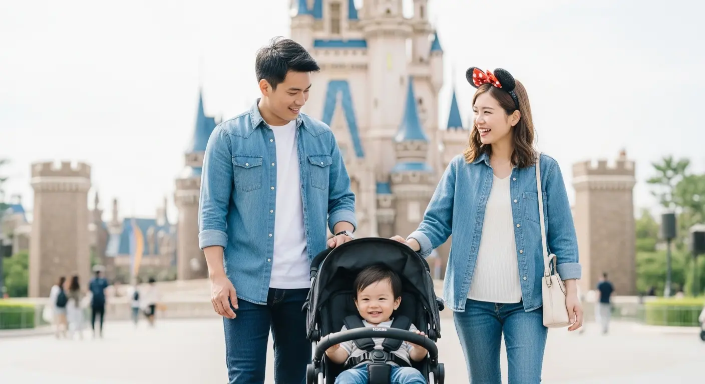 ディズニーランドでベビーカーをレンタルして歩く家族