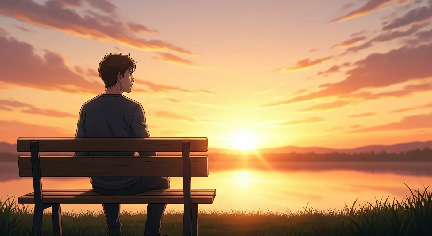 穏やかな表情で夕日を見る男性