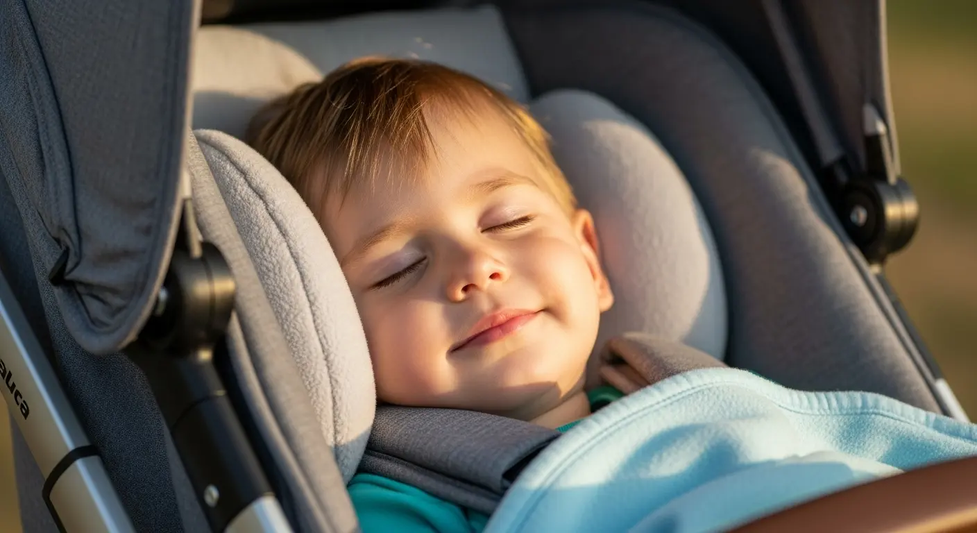 リクライニングしたベビーカーで眠る子ども